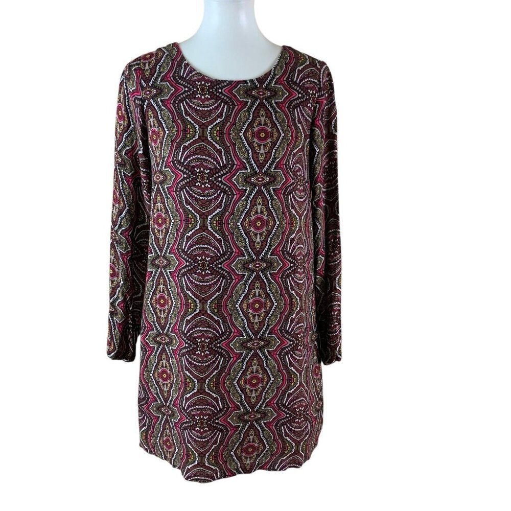 Prana Burgundy Boho‎ Paisley Print Long Sleeve Tunic Mini Dress Fall Layering S